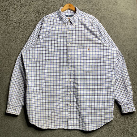 Other - Polo Ralph Lauren Shirt Mens 2XLT Tall Blue Plaid Oxford Button Up Flesh Pony